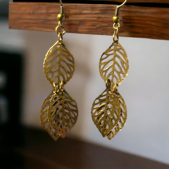 Hand Crafted Jewelry - Handmade Leaf Earrings Brass Filigree Dangle Statement Leaves Pierced Boho